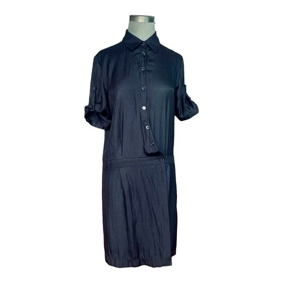 Ulmia Staff Influx Button Front Wrap Dress M Black Satin Short Sleeve 39" VG - Picture 2 of 8